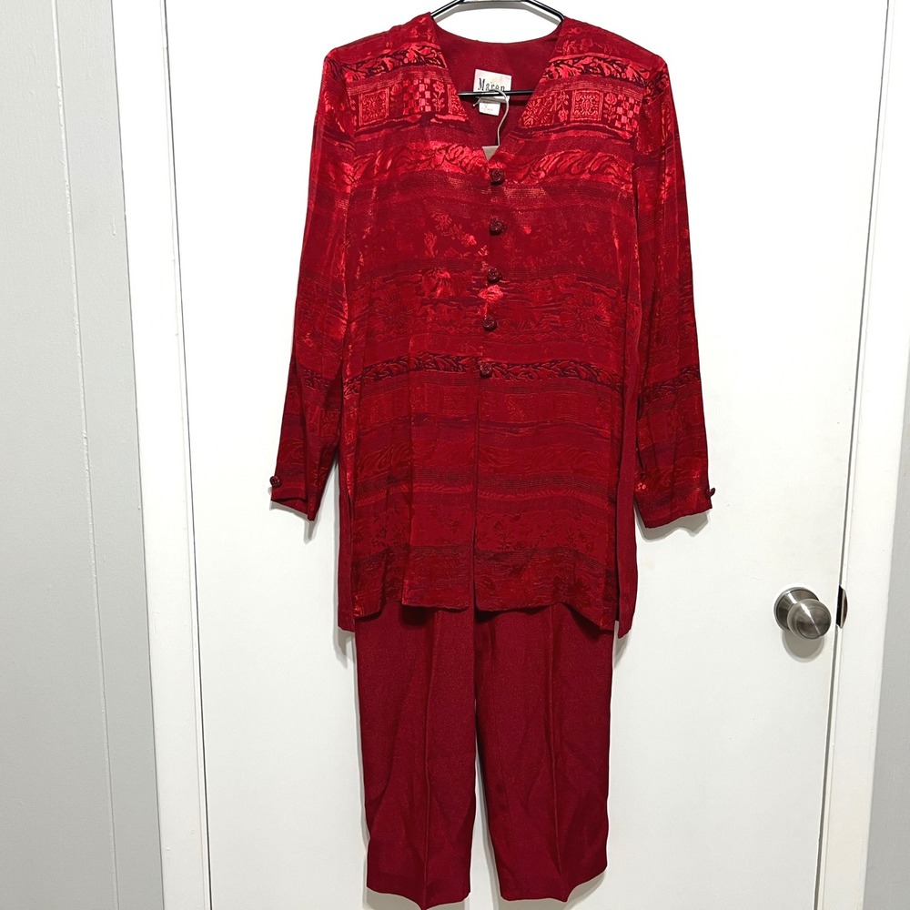 Vintage 90s Red Jacquard Pant‎ Set Maren Sz 6 Brocade Tunic Top Trouser Made USA